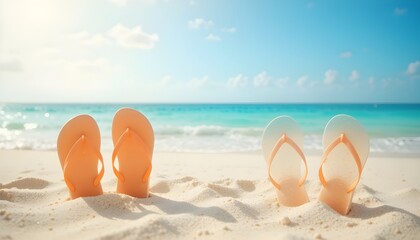 Obraz premium Orange flip flops standing in sand on sunny beach with turquoise sea and blue sky in soft background, symbolizing summer vacation mood