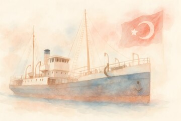 Watercolor illustration of turkish flag and boat for Commemoration of Ataturk, Youth and Sports Day.
