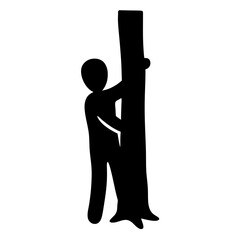 A black silhouette of a person hugging a tree trunk illustration