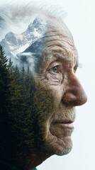 Obraz premium Double Exposure Old man reflecting nature's beauty and wisdom.
