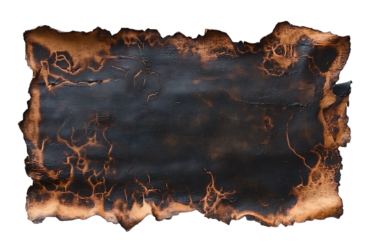 Burned and charred paper with rough edges isolated on a transparent background