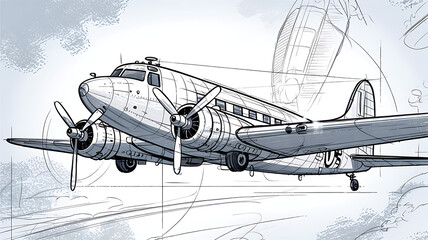 Naklejka premium Vintage Airplane in Flight: Sketch Style Illustration