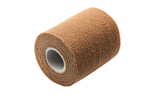 Beige medical bandage roll for wound care and first aid isolated on a transparent background