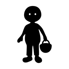 Silhouette of person with round head and bucket, simple black and white drawing