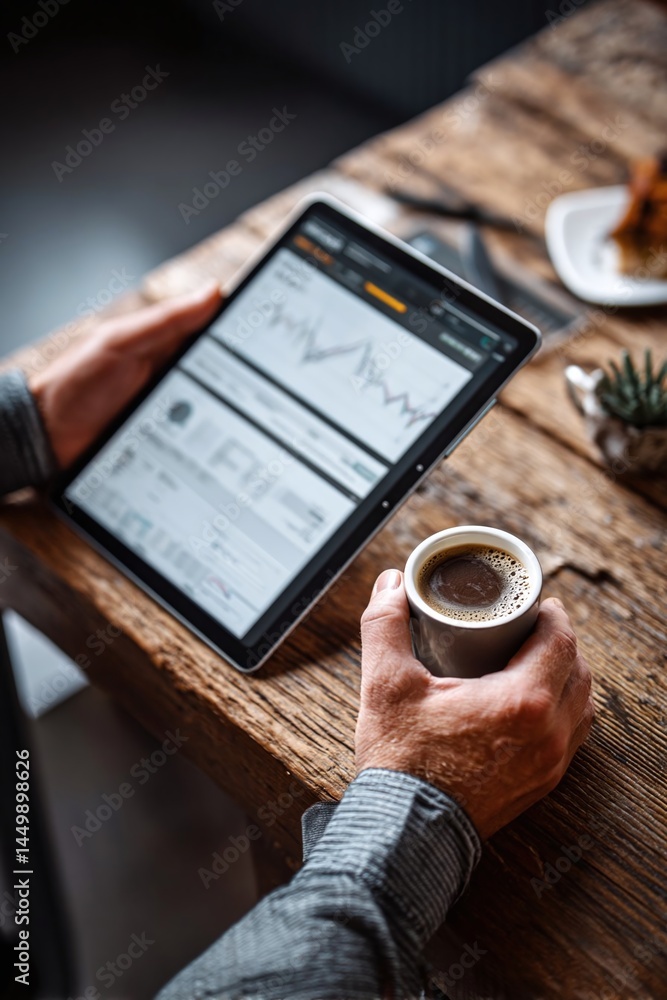 Aufkleber person analyzing stock market data on a tablet while enjoying coffee in a cozy caf? setting