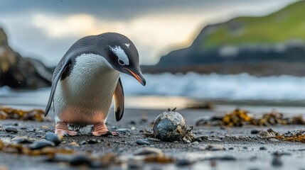 Fototapeta premium penguin chick encounters ocean debris on beach