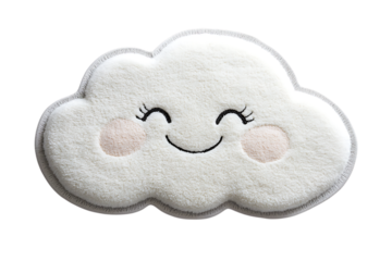 Cute plush cloud cushion with smiling face design isolated on a transparent background