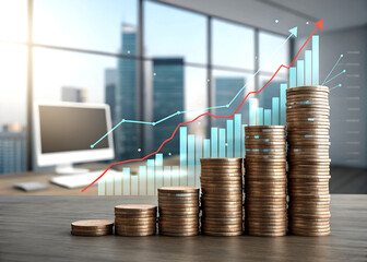 Coins and Graph on Red Background Showing Financial Growth and Investment Concepts ai generated