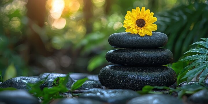 National relaxation day with wellness and spa idea. Stacked stones with a sunflower in a serene setting. - Powered by Adobe