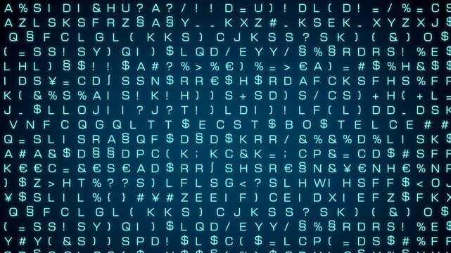 Random letters and signs in blue, system chaos, error, virus. Digitlal, sybmol, problems, confusion, mess. 3D animation