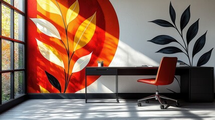 Modern office interior with vibrant leaf wall art and sleek black desk