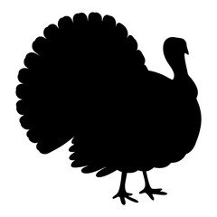 A stark black silhouette of a Thanksgiving turkey against a white background