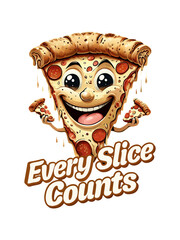 Cartoon Happy Pizza Slice Mascot with Funny Slogan - Every Slice Counts