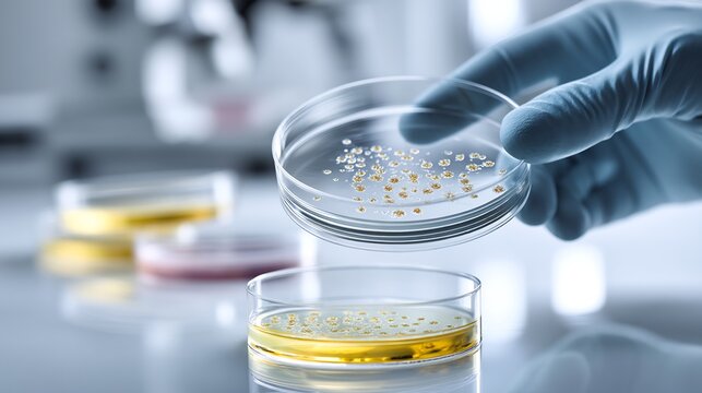 Clear visual of microbiologist performing spread plate method lab petri dish showing even distribution of bacteria across surface background sterile white environment emphasizing cleanliness precision