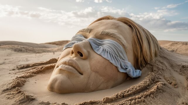 Surreal visage buried in sand, conveying themes of oblivion and revelation