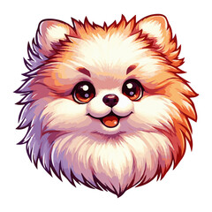 Fototapeta premium A postcard with a cartoon smiling pomeranian with big eyes and fluffy cheeks on a white isolated background. Vector graphics. EPS.