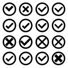 Check mark icon button set. Check box icon with right and wrong buttons and yes or no checkmark icons in green tick box and red cross. Isolated checkmark symbol, right and wrong sign concept.
