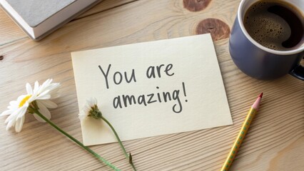 Compliment Note with Coffee and Flower on Wooden Table  