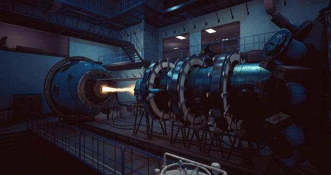 Engineers conduct precision tests on a state of the art propulsion engine within a modern laboratory during nighttime, observing flames and assessing performance.