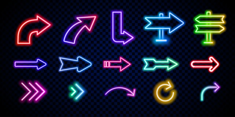 Neon arrow signs set. Collection of colorful neon arrows, web icons on black background. Banner design, bright advertising signboard elements. Vector illustration.