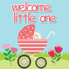Baby shower card with baby and stroller