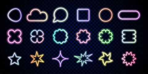 Set of neon signs, arrow, oval, square, circle and star. Neon light frame collection