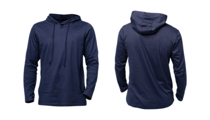 men's navy long sleeve hooded t-shirt or hoodie in ghost style model isolated on transparent background front and back view