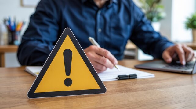 A person working at a desk with a caution sign.