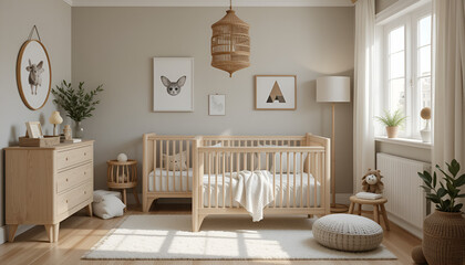 Modern Scandinavian baby room with wooden poster frame, plush toys, and cotton bunting—perfect for minimalist nursery decor, cozy newborn space, and parenting lifestyle visuals.

