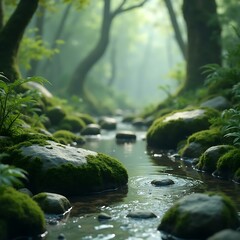 Fototapeta premium Tranquil Forest Stream with Moss-Covered Stones and Flowing Water