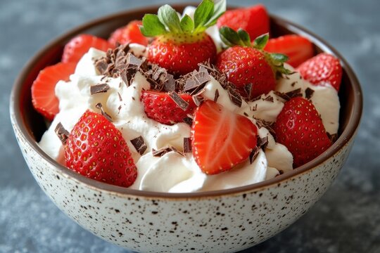 Whipped cream dessert with strawberries in ceramic bowl on a white table