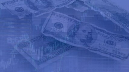 Animation of financial data processing over dollar bills on white background - Powered by Adobe