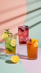 A cold glass of colorful fruit cocktail with fresh lime and mint offers a healthy and refreshing citrus beverage