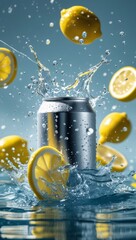 A fresh yellow lemon slice drops into a clear glass of cold water, a healthy citrus beverage