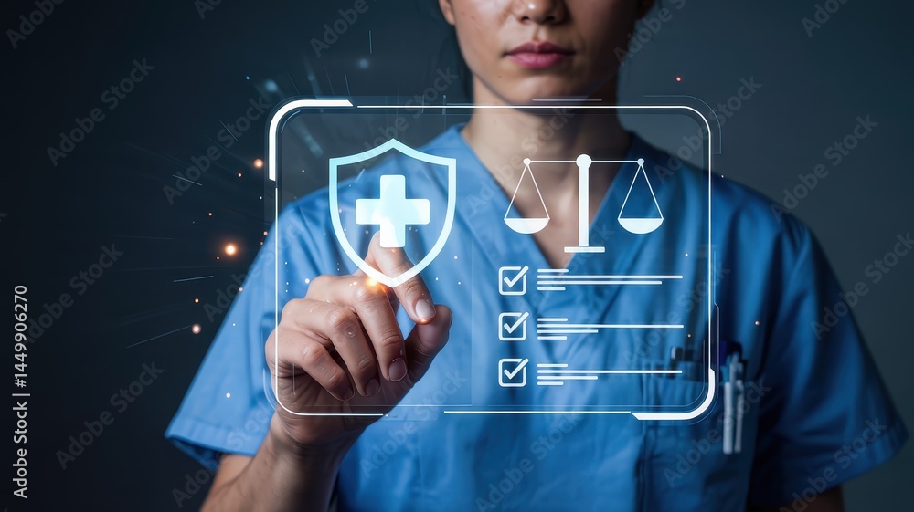 Aufkleber digital interface displaying healthcare and justice concepts.