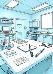 An illustrative interior view of a modern medical room with all the necessary equipment.