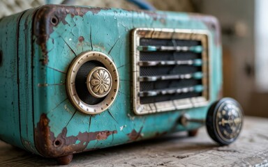 Nostalgic Charm: A Close-Up of a Weathered Vintage Turquoise Radio on Display
