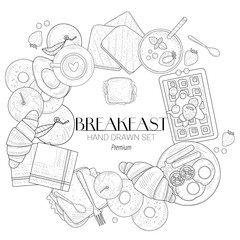 Hand-drawn vector set of breakfast elements including croissants, coffee, sandwiches, fruits, Belgian waffles, bagels, avocado, and milkshakes. Vintage sketch style perfect for menu design, packaging