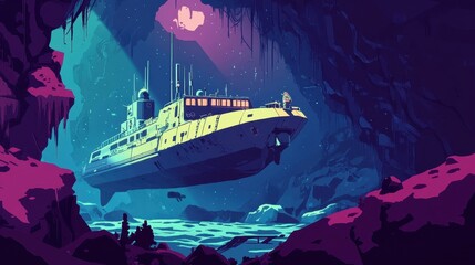 underwater exploration vessel in bioluminescent cave