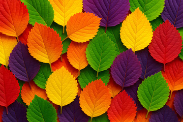 Obraz premium Colorful autumn leaves pattern with rainbow gradient shades of red orange yellow green and purple, vibrant nature background, fall foliage texture, creative seasonal design for decorative purposes