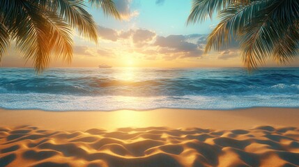 Obraz premium Sunset beach with palm fronds framing ocean view