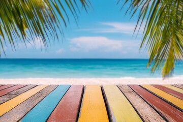 Fototapeta premium Multicolored top table and palm tree and tropical beach background. stock photo