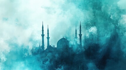 Mystical mosque silhouette in teal watercolor