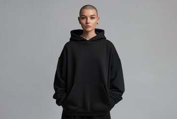 Fototapeta premium Sweat shirt hoodie mockup. Person standing, wearing hoodie. Blouse empty area for design. Fashion mockup, casual outfit, sweat shirt hoodie. Sweat shirt clear space for print design, mock up