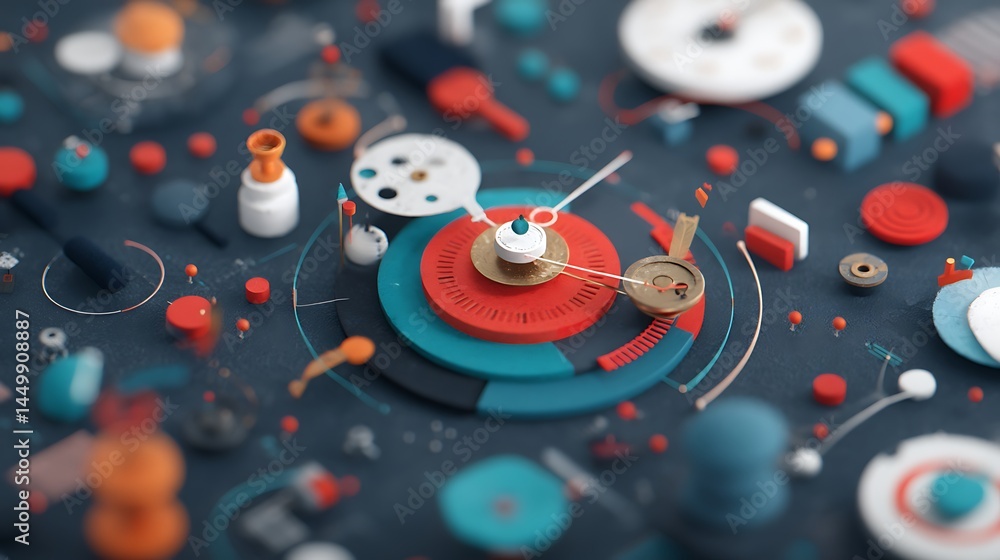 Poster abstract geometric design, layered shapes and clockwork elements