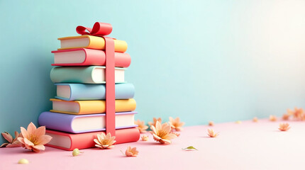 Stack of pastel books, academic webinars online promotion banner, with copy space