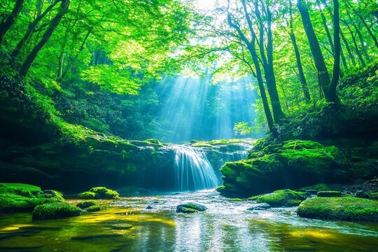 Kikuchi valley, waterfall and ray in forest, Japan stock photo