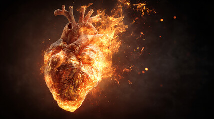 Burning Heart: A powerful visual of a heart engulfed in flames against a dark backdrop, symbolizing passion, love, or emotional intensity.