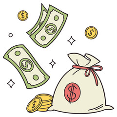 Cartoon Money Bag and Flying Dollar Bills Vector  Finance and Wealth Icon Illustration