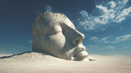 Giant Stone Head:  A massive stone head sculpture lies half buried in the sand, creating a haunting yet captivating landscape image. The eyes are closed.